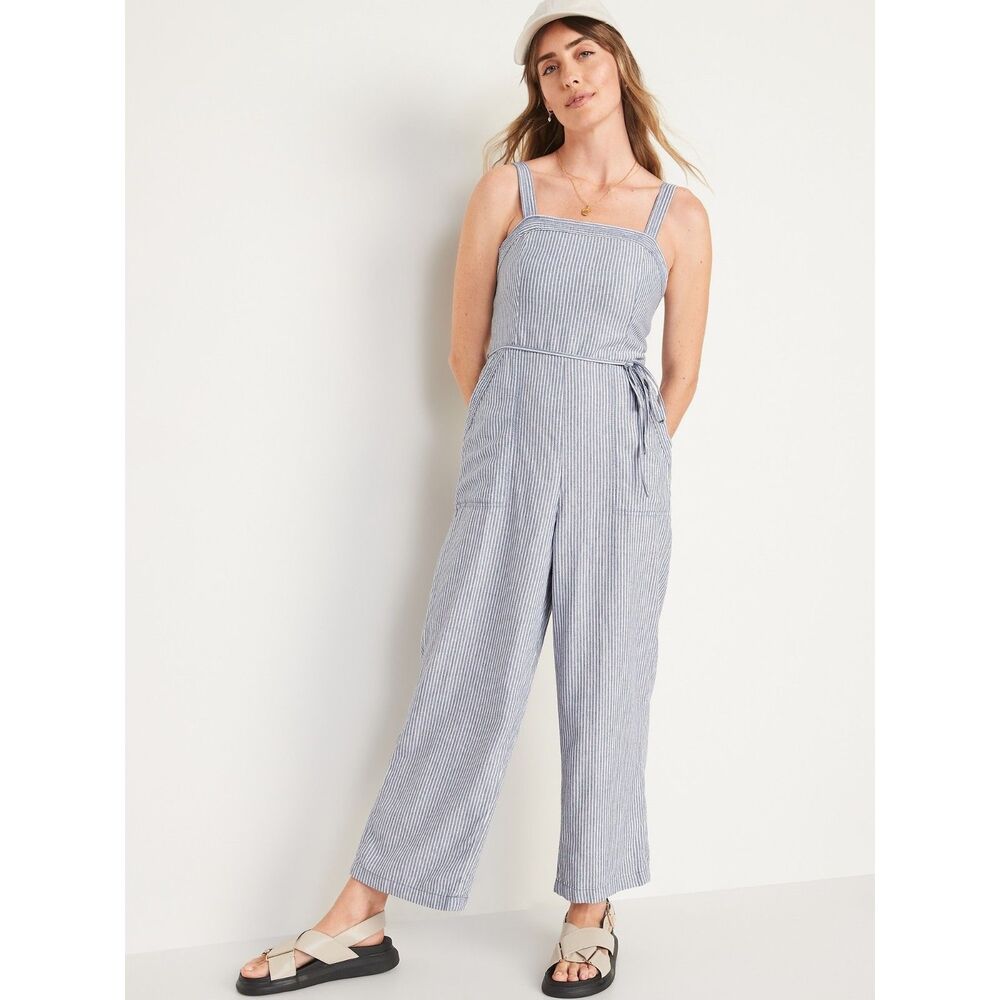Striped Blue Wide-Leg Jumpsuit with Tie Waist